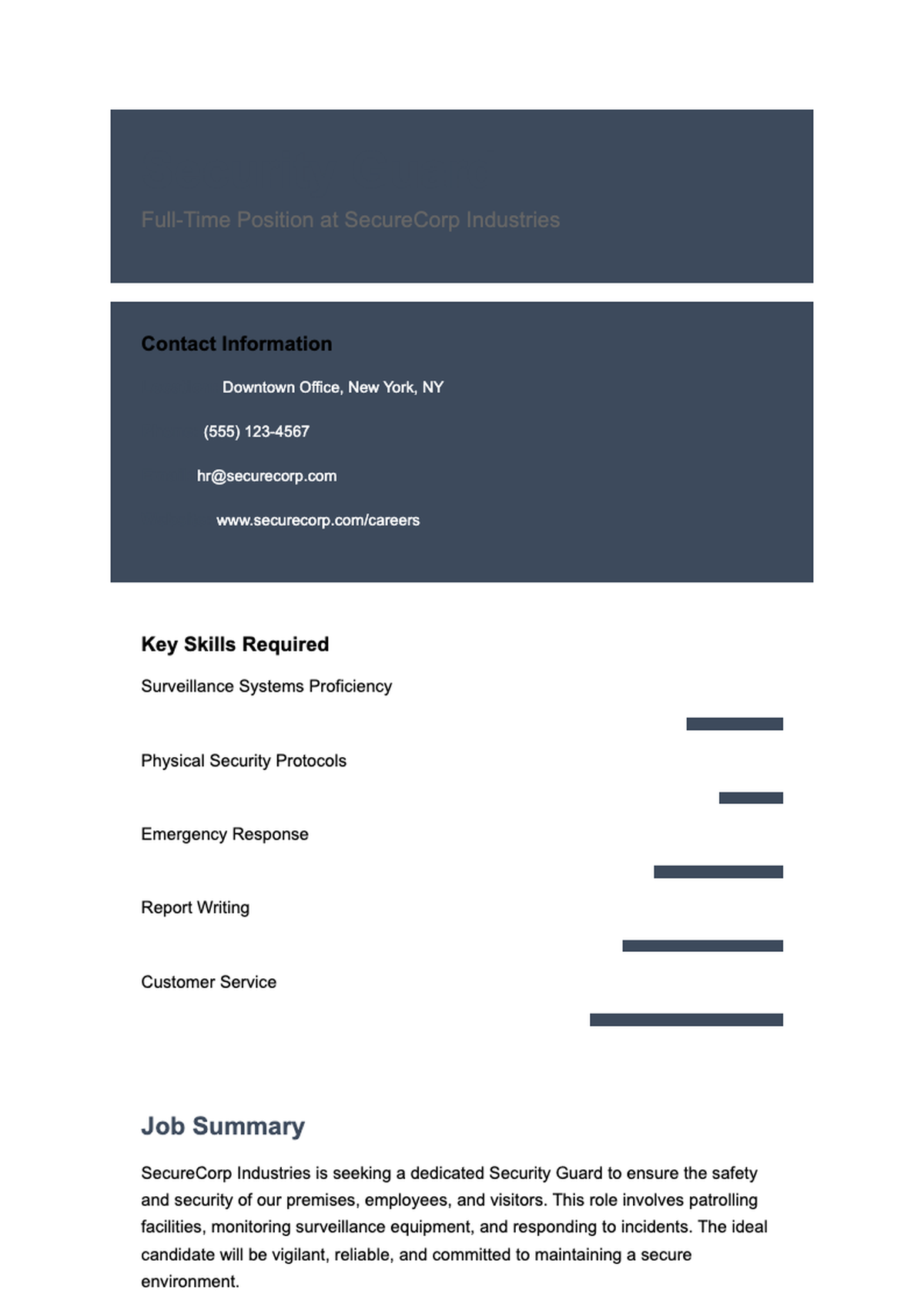 Professional security guard resume with skills bar chart and experience highlights_variant_1